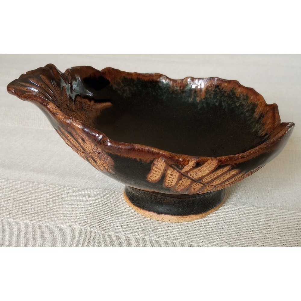 Art Studio Ceramic Pottery/ Leaf Imprinted Catch All Bowl/Organic Shape/Signed